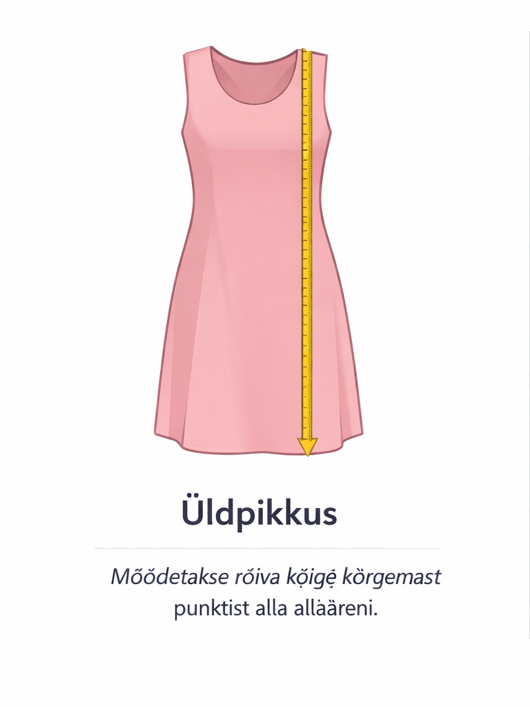 Üldpikkus mõõdetakse rõiva kõige kõrgemast punktist