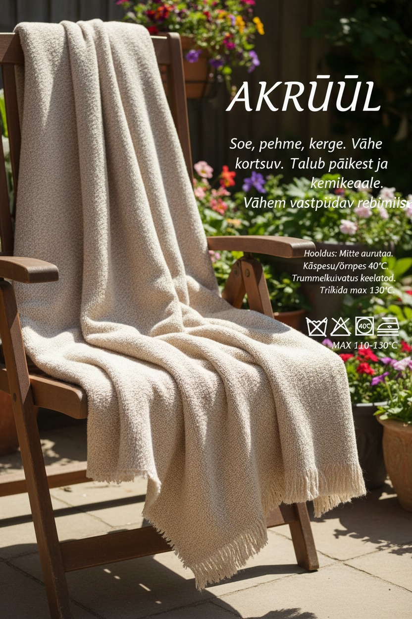 Beige pleed on laotatud puidust toolile ja pildil on ka hooldusjuhised akrüülmaterjalile.